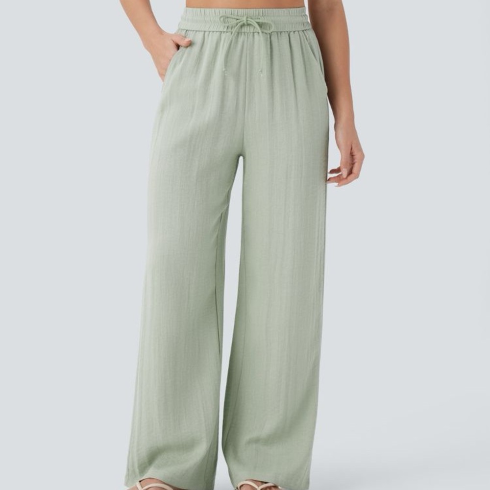 HALARA light sage linen drawstring pants size L petite